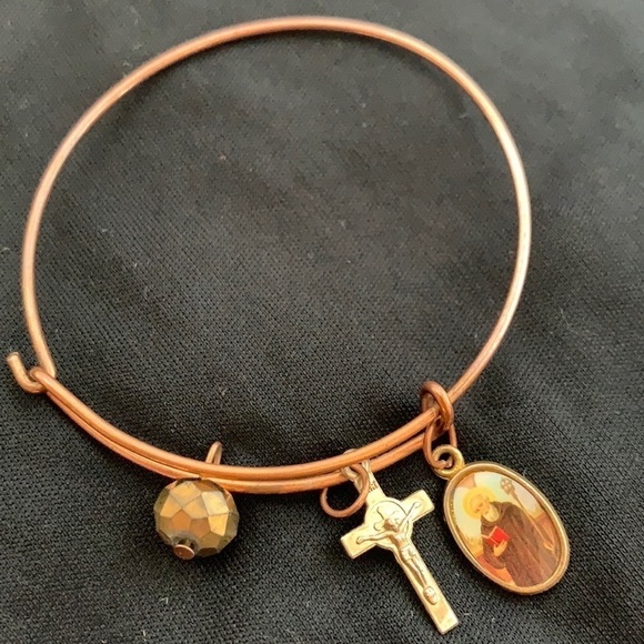 Religious Expandable Copper Charm Bracelet Crucifix & Saint Gold Tone - Picture 1 of 2